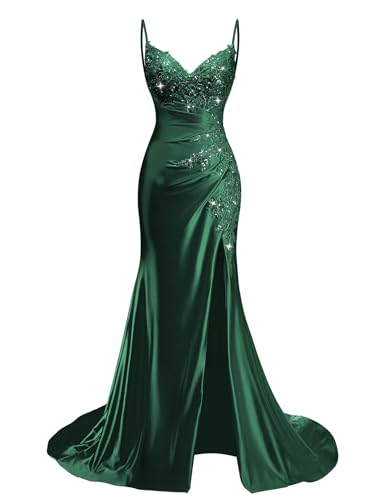 Satin Mermaid Prom Dresses for Women Lace Appliques Pleated Emerald Green Prom Dress Long V Neck...