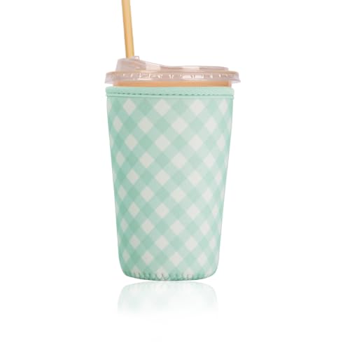 Image of Reusable Insulated Sleeve for Iced Coffee Cup, Coffee Neoprene Sleeve for Cold & Hot Drinks, Beverage Holder for Iced Coffee (Sage Gingham, Medium: 22-24oz)
