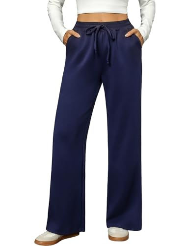 Totatuit Pantalón Mujer Ancho Invierno Cintura Alta Recto con Cordón y Bolsillos Jogging Casual Cálido Versátil Azul Marino，XL