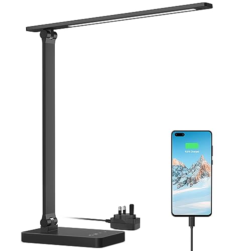 Lepro LED Desk Lamp, Desk Lamp with Power Adapter, 655lm, Desk Lamps Office with USB Charging Port, 5 Brightness Levels x 3 Colour Mode, Touch Control