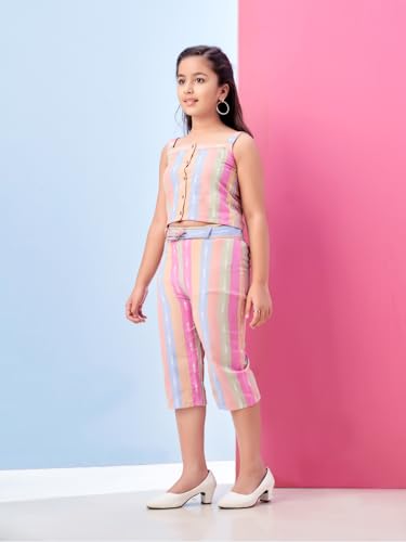 Image of Aarika Girls Casual Wear Pink Colour Stripes Print Cotton Top & Pant With Belt