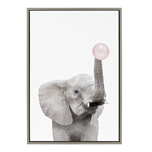Kate and Laurel Sylvie Bubble Gum Elephant Framed Canvas Wall Art by Amy Peterson Art Studio, 23x33 Gray, Decorative Zoo Animal Art for Wall