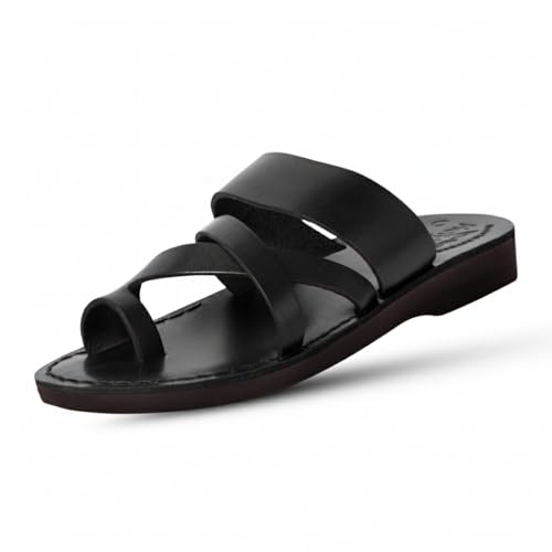 Holy Land Market Unisex Adults/Children Genuine Leather Biblical Sandals/Flip Flops/Slides/Slippers (Jesus - Yashua) Bethlehem Black Style