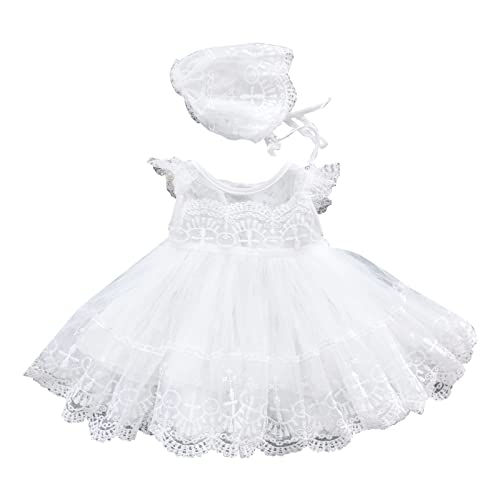 Generisch Vestido de bautizo para bebé recién nacido, vestido de tul de ganchillo de encaje para niños pequeños, cuello en O, mangas con volantes, falda de burbujas, Blanco, 0-3 Meses