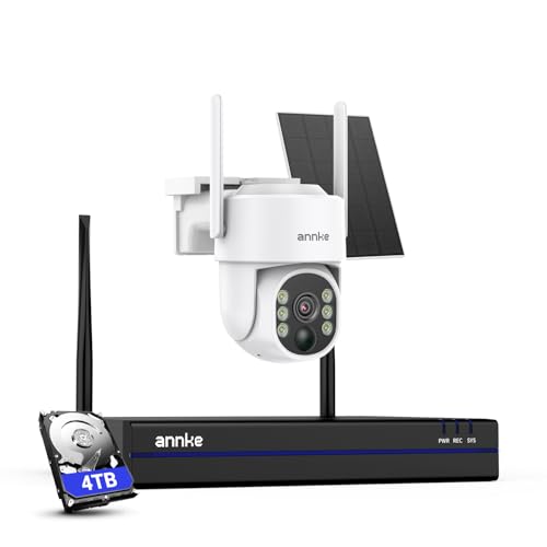 ANNKE Kit caméra de surveillance 4 MP - Batterie extérieure avec panneau solaire - NVR 16CH 4K/8MP et disque dur 4 To - 1 caméra Pan Tilt Dome - Vision nocturne - Audio bidirectionnel - Détection de