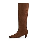Modatope Womens Knee High Brown Suede Boots Square Toe Low Kitten Heel Tall Boots Womens Fashion Long Boots Size 8