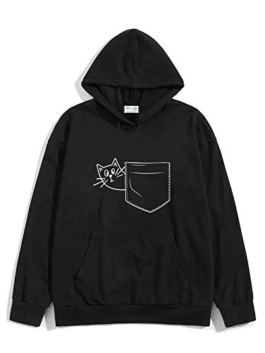 Unisex Black Hoodie with White Print: Pocket Side CAT/Printed Black Hoodie/Graphic Printed Hoodie/Hoodie for Men & Women/Warm Hoodie/Unisex Hoodie