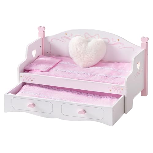 ROBUD Puppenbett & Sofa-Set für 45 cm große Puppen 2-in-1 Puppen-Etagenbett Holz mit Matratze Decken & Kissen umbaubares Sofa zum Spielen Geschenk für Mädchen ab 3 Jahren