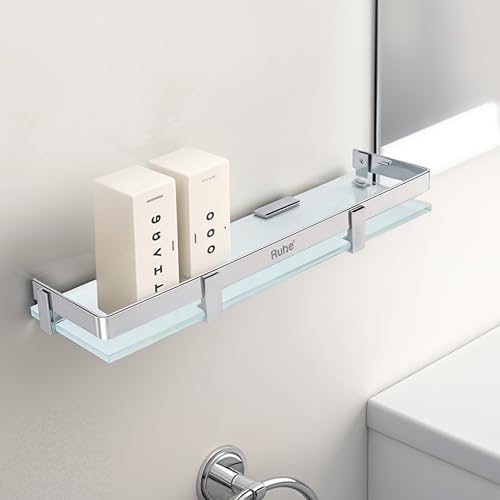 Image of Ruhe Premium Vetra Bathroom Glass Shelf | Multipurpose Wall Mounted Shelves Rack for Kitchen /Living Room - Bathroom Accessories 16 x 5 inches (Chrome Finish)