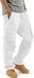 HUNGSON Mens Cargo Pants Drawstring Casual Hiking Pants Joggers Athletic Trousers Cotton Loose Straight Sweatpants for Men White