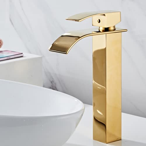 SAMMUA Bathroom Waterfall Basin Sink Faucet Gold Faucets Brass Bath Faucet Hot & Cold Water Mixer Vanity Tap Deck Mounted Washbasin Tap (Gold)