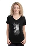 Funny Smoking Cat Meme T-Shirt, Stupid Brainrot Gen Z Weird Cursed Humor Tee for Women - (Vneck,2XL)