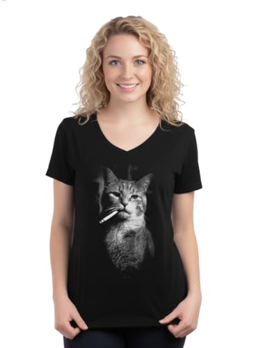 Funny Smoking Cat Meme T-Shirt, Stupid Brainrot Gen Z Weird Cursed Humor Tee for Women - (Vneck,2XL)