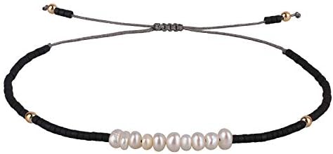 KELITCH Women Link Bracelets Natural Shell Pearl Seed Bead Rope Adjustable Strand Bracelets Fashion Handmade Bracelets - Black