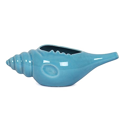 Qimacplus Ceramic Shell Neti Pot with 10 Sachet Neti Salt - Soothing Conch Shell Decorative Design - Larger Size About 10 oz Capacity - Lead-Free and Nonmetallic -Microwave and Dishwasher Safe (Blue)