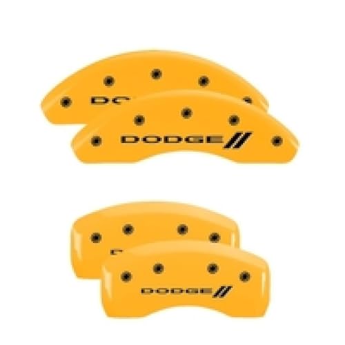 Image of MGP Caliper Covers - Brake Caliper Covers for 2011-2023 Dodge Challenger & 2011-2023 Dodge Charger (Requires Dual Piston Front Caliper) Front and Rear Set - Engraved DODGE / / Logo (Yellow)