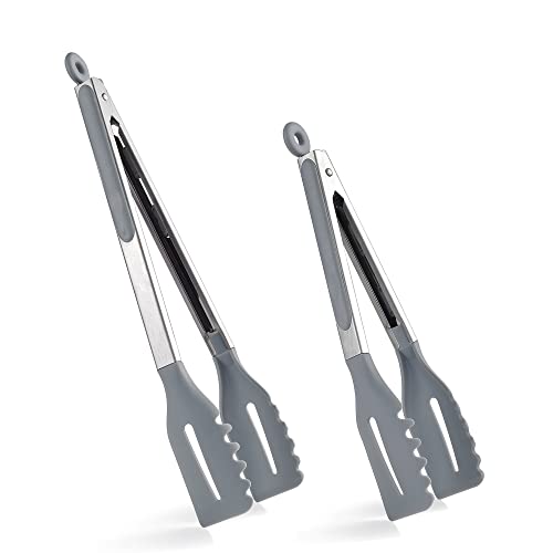 Tongjude Kitchen Tongs, 5-In-1 Cooking Tongs, 9" And 12" Bbq Tongs, Stainless Steel Tong With Silicone Tips, Non-Stick, Locking, Heat Resistant, 2 Pack, Grey #TOP9