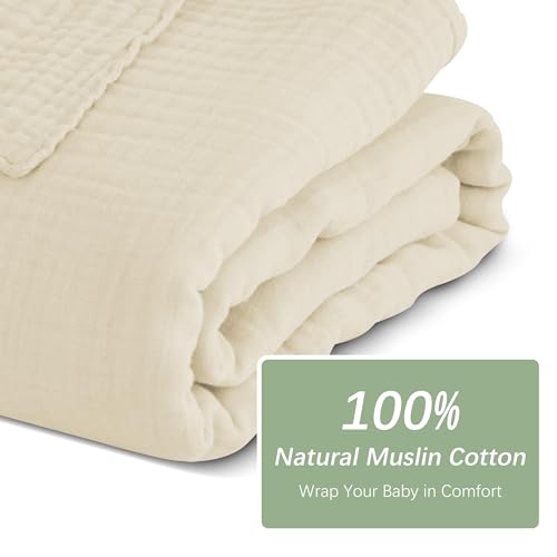 Image of SWEET DOLPHIN Muslin Baby Bath Towels Blanket - 2 Pack 100% Cotton Towel for Babies, Infants, Toddlers - 40x40Inch - Highly Absorbent, Ivory and Brown