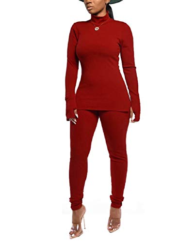 Women's Casual Two Piece Outfits Mock Neck Ribbed Club Bodycon Sweatsuit Tracksuit Side Split Tops Long Pants Wine L