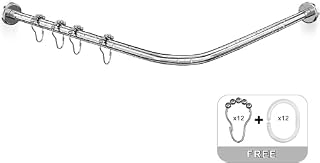 Misounda Shower Curtain Rail Tension Rod Curved L Shaped Extendable No Drill 70-100 x 90-120 cm - Telescopic Adjustable Bathtub Shower Curtain Pole - 304 Stainless Steel - Contains 24 Rings