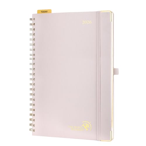 POPRUN Kalender 2026 Buchkalender A4 12-Monate-Terminplaner Ringbuch (Jan.2026-Dez.2026) Wochenplaner 2026 Hardcover mit Plastiklineal 100 GSM Papier - Hellrosa