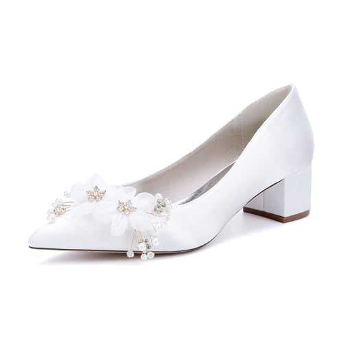 TFDRSEXVD Damen Pumps mit Absatz, Applikationen, spitzer Zehenbereich, High Heels, Bequeme Hochzeitsschuhe für die Braut, Ballkleidschuhe,Weiß,40