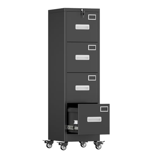 Image of Aobabo 4 Drawer Metal File Cabinet with Lock and Wheels, Black