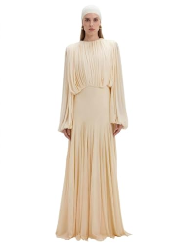 Image of SHILLUU Women Dress Spring Summer Elegant Pleated Long Sleeve Dress Formal Party Evening Gown(Yellow,Medium)