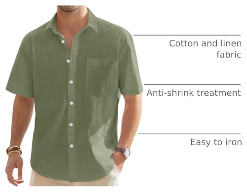 Image of J.VER Mens Linen Shirt Short Sleeve Button Down Casual Summer Shirts | Cotton Linen, Untucked, Big Tall, from Beach Camp Vacation, Cruise Fishing, Work Office, to Wedding Party Family, with Pocket