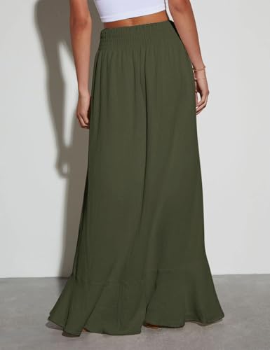 Image of Minclouse Women's Elastic Tie Waist Button Down Maxi Skirts Casual Loose Flowy Swing Slit Front Dress