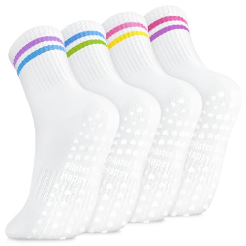 Smivyhp 4 Paar Pilates Stoppersocken Socken Damen, Yoga Rutschfeste Socken, Baumwolle Antirutschsocken für Pilates Barre Fitness Tanz