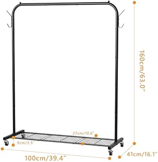 Clothes Rail, Portable Clothes Rack with Hook and Metal Storage Shelf, Heavy Duty Clothes Rail on Wheels, Clothing Rail Clothes Rails for Bedroom, Hanging Rails for Clothes, Holds up to 40 kg, Black