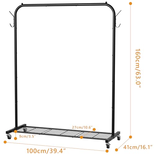Clothes Rail, Portable Clothes Rack with Hook and Metal Storage Shelf, Heavy Duty Clothes Rail on Wheels, Clothing Rail Clothes Rails for Bedroom, Hanging Rails for Clothes, Holds up to 40 kg, Black - Image 2