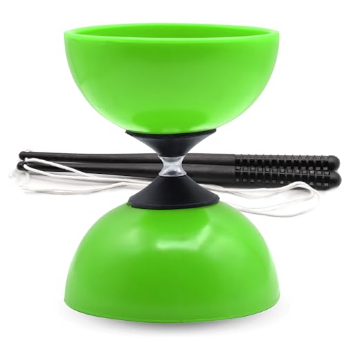 Diábolo para Malabares, Diábolo malabarismo, Juguete infancia, Diabolo acrobático, Palos de plástico 28 cm, Medidas diábolo 15 cm x 11.5 cm diámetro, Apto para niños y Adultos, Color Verde