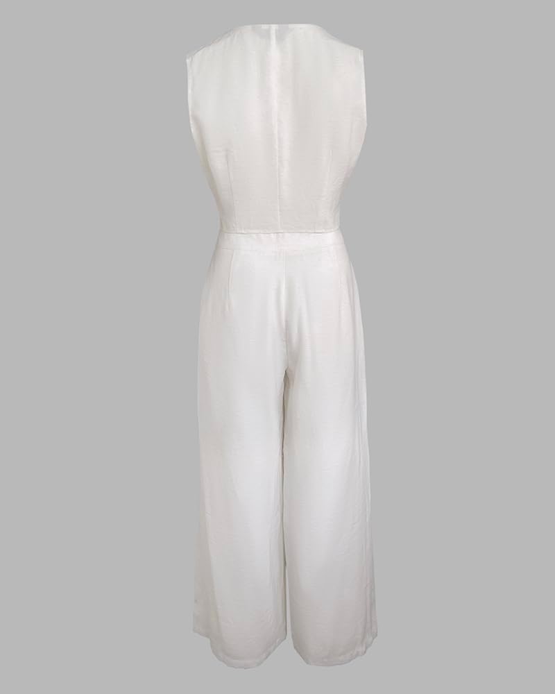 CHICME Women's Summer Two Piece Outfits V Neck Metal Button Front Crop Tank Vest Wide Leg linen Pants Matching Sets - Image 6