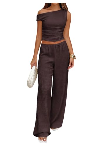 Image of GORGLITTER Tracksuit Womens Full Set One Off Shoulder Ruched Crop Top Low Waist Wide Leg Trousers 2 Piece Travel Outfit Brown Small