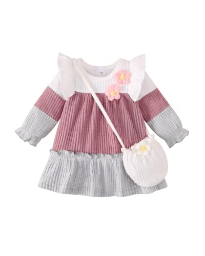 Yhnslsf Baby Girl Dress 6 9 12 Months Cute Pink Ruffle Long Sleeve Color Block 3D Daisy Flower Dress with Bag Fall Winter Infant Baby Girl Christmas Outfit Birthday Party Dresses