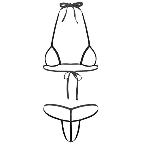 inlzdz Femme 2 Pièces Maillot de Bain Micro Bikini Sexy Femme Maillot String Micro String Femme Sexy Slingshot G-String Femme Thong Ficelle Tangas Noir One Size Cover