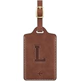 Luggage Tags for Suitcase Embossed Personalized Initial Letter L Travel Tags with 3 Replaceable Name Cards Leather Privacy Bag Tags Travel Essentials Backpack Tags for Women and Men, Brown L