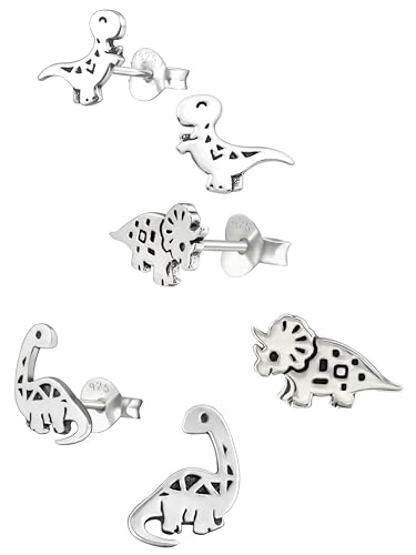 ICYROSE 925 Sterling Silver Set of 3 Pairs Assorted Dinosaur and Friends jurassic Stud Earrings (Nickel Free) T-rex, Tyrannosaurus, Brachiosaurus, Triceratops