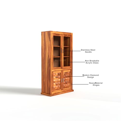 Image of Solid Sheesham Wood Book Shelf with Acrylic Glass Doors and Storage Cabinet | Rosewood Display Unit with 4 Doors for Living Room & Office (Natural Finish)