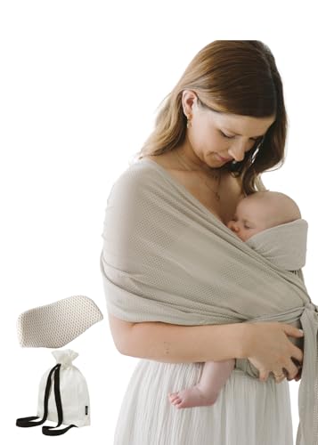 Konny Baby Carrier Flex AirMesh with Head Support - Adjustable, Easy to Wear, Hands-Free Breathable Baby Wrap Sling, Perfect for Newborn Babies Essentials up to 44 lbs (XS-XL) - Beige