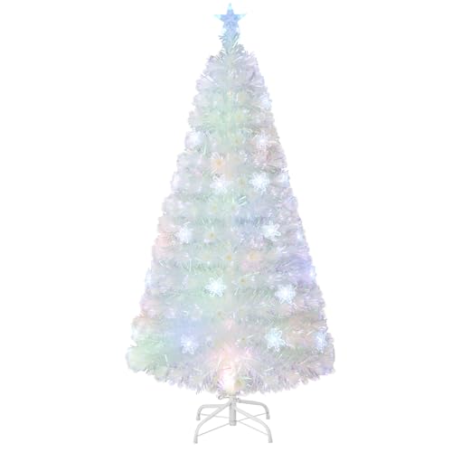 COSTWAY Albero di Natale Pre-illuminato in Fibra Ottica 120/150/180/210 cm, Albero di Natale Bianco con Foglie Iridescenti, Luci a LED a Fiocco di Neve Multicolore, Luce Superiore a Stella (150 CM)