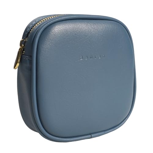 Benfan Leather Cosmetic Bag for Women Small Zipper Makeup Bag for Purse Waterproof Travel Makeup Organizer Charger Storage Pouch Color Blue