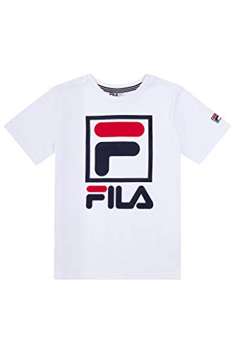 Fila Boys Classic Logo Short Sleeve Tee Shirt Top (Medium, White Stacked Logo) #TOP27