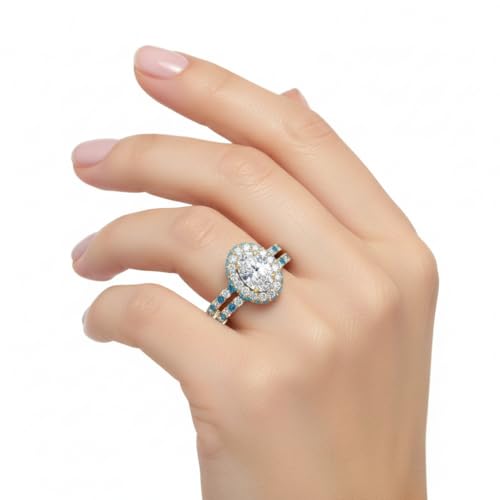 Image of Choose Your Gemstone Oval Halo Rollover Diamond CZ Wedding Ring Yellow Gold Plated Oval Shape Wedding Ring Sets Matching Jewelry Wedding Jewelry Easy to Wear Gifts US Size 4 to 12