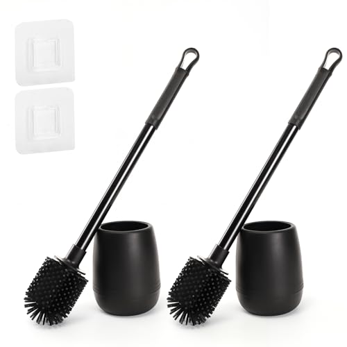 Silicone Toilet Bowl Brush and Holder 2 Pack Long Handle Toilet Brush for Bathroom Flexible Silicone Toilet Brush Set for Domestic Deep Cleaning Under Rims Black