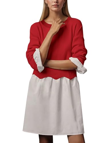Women Long Sleeve Crewneck Sweater Patchwork Twofer Mini Dress