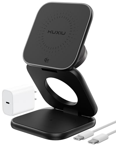Image of KU XIU Qi2.2 25W Magnetic Wireless Charger, Foldable 3 in 1 Travel Charging Station for iPhone 17 /16 /15 /14 /13 /12, 5W for Apple Watch & AirPods, Aluminum Alloy Design, 45W GaN Adapter Included, Black