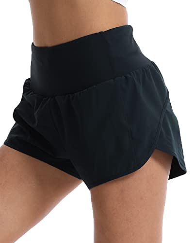 Kcutteyg Running Shorts for Women with Liner High Waisted Lightweight Womens Workout Shorts with Back Pocket- 4\" (Black, M)